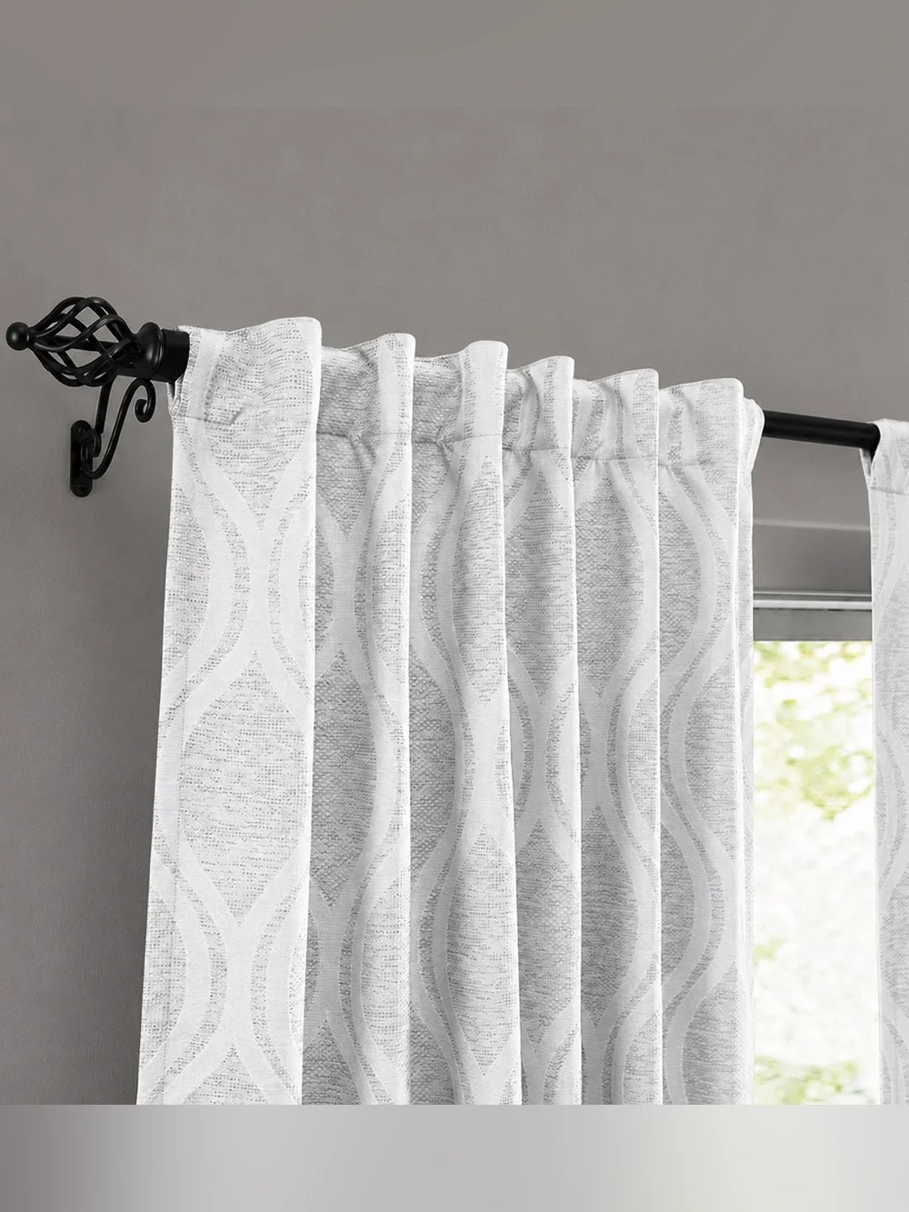 Set of 4 White & Light Gray Flocked Trellis Curtain Panels 52x96
